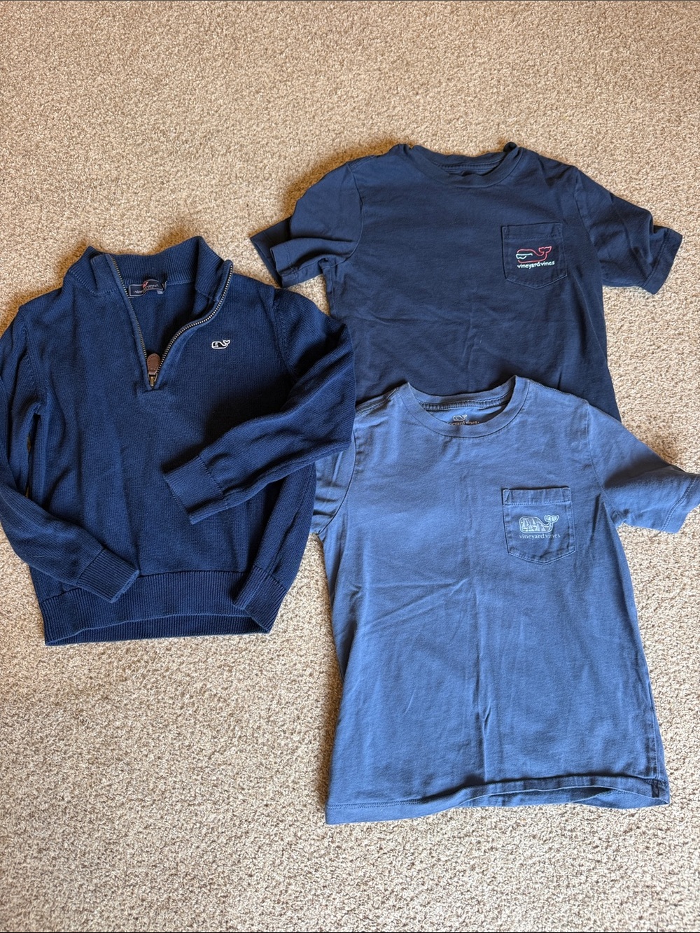 Vineyard Vines Boys size 6 Navy & Light Blue Tees with Navy Quarter-Zip Pullover